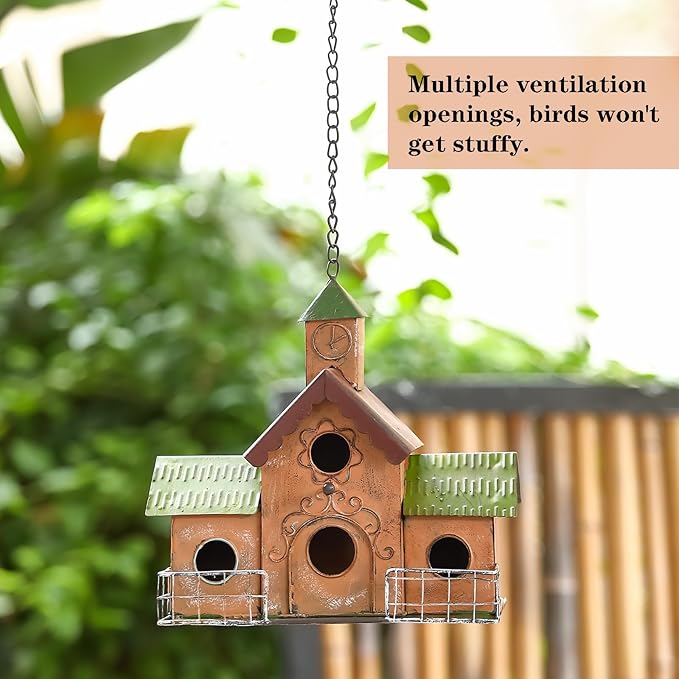Large Bird Houses for Outside Hanging, 4 Hole Outdoor Bird House with Clock Tower, Easy Clear, Metal Bird Houses for Outside with Perches.