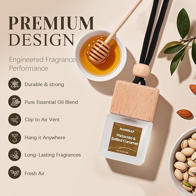 Car Air Freshener Hanging 2 Pack – Pistachio & Salted Caramel Car Essential Oil Diffuser Scent, Fall Car Air Freshener for Women and Men, Lasting up to 45 Days.0.27 FL OZ/8ML