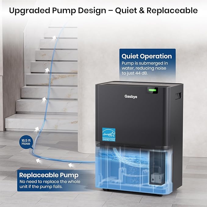 Energy Star 2024 Dehumidifier with [𝗥𝗲𝗽𝗹𝗮𝗰𝗲𝗮𝗯𝗹𝗲 Pump] for Basement – [44dB Quiet, Easy to Clean & Clog-Free], Max 75 Pints/Day, 16.5ft Drain Hose, Auto Shut-Off, Auto-restart, Black