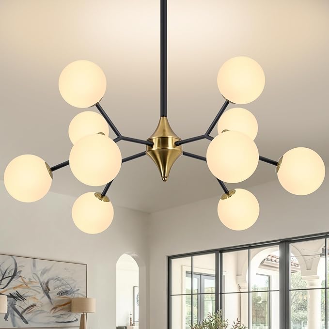 COCOSTAR Dining Room Chandelier, 10 Lights Modern Ceiling Light Fixture, Sputnik Chandelier, Chandeliers Over Table, Milk Globe, Black and Gold, G9 Base