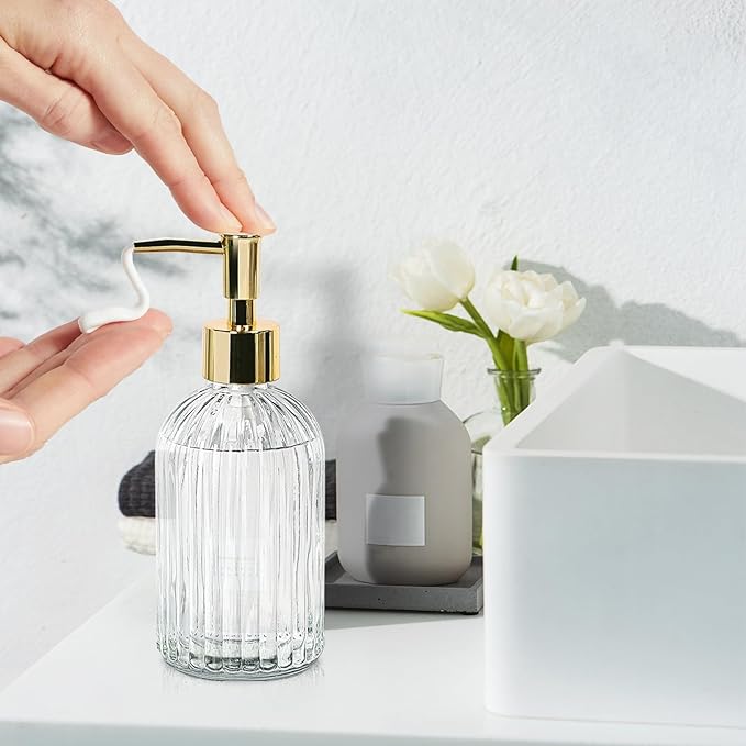 14Oz Gold Pump Glass Soap Dispenser, Clear Stripe Countertop Refillable Liquid Bottle Hand Dish Lotion Dispenser with Plastic Pump, for Kitchen, Bathroom
