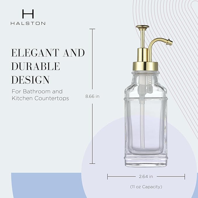 Clear Glass Soap Dispenser with Brushed Gold Finish Pump, Modern Refillable Pump for Bathroom, Kitchen, or Office, Elegant Accent Piece for Interior Decoration