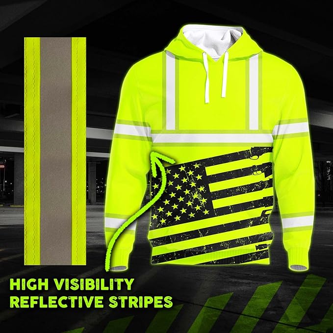 Color US Flag High Visibility Hoodie for Men Women Reflective Tapes Safety Workwear for Worker Runner Patriotic