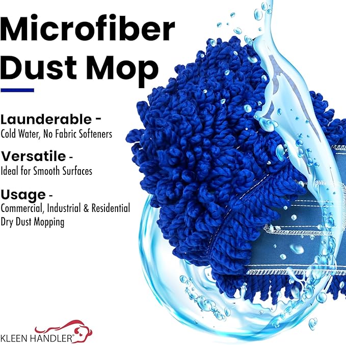 KLEEN HANDLER 36 Inch Microfiber Dust Mop, Large Washable Commercial Mop Head Replacement, Sweeper, Janitorial Supplies, Blue