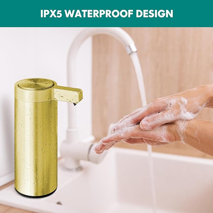 Automatic Soap Dispenser Stainless Steel with Sensor Infrared Soap Dispenser Electric IPX5 Waterproof USB-C Charging Motion Sensor for Kitchen & Bathroom (Gold)