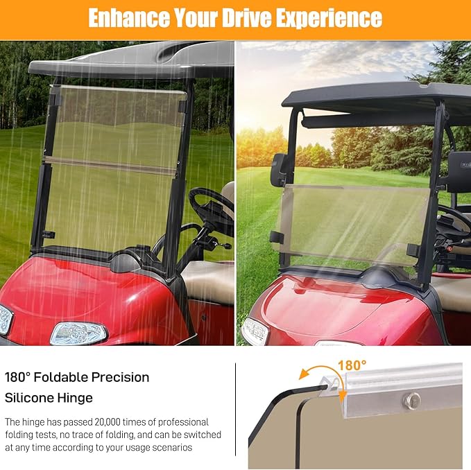 Golf Cart Foldable Windshield Fits 2008-Up EZGO RXV / Freedom RXV Only, 3/16" (5MM) Thicken Fits 1-1/4" Struts, Front Folding Windshield Replacement, Included Hardware