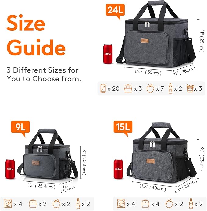 Lifewit Large Lunch Bag Insulated Lunch Box Soft Cooler Cooling Tote for Adult Men Women, Dark Gray 24-Can (15L)