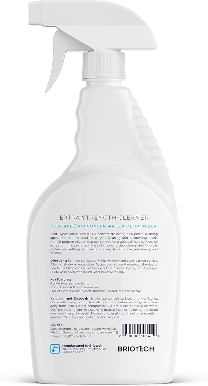 BRIOTECH Extra Strength HOCl Cleaner, 500 PPM Hypochlorous Acid Concentrate, ULV Foggers & Humidifiers, Professional Deodorizer for Dental, Offices, Schools, Homes, Peroxide Free, 32 fl oz (4 Pack)