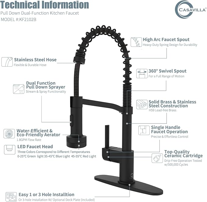Black Kitchen Faucet with Soap Dispenser, Faucet with Light, Faucet for Camper Farmhouse RV Kitchen Sink, Single Handle Stainless Steel Kitchen Sink Faucets with Pull Down Sprayer