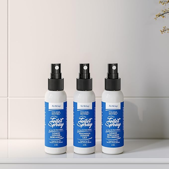 AirWisp Toilet Spray 3 Pack Variety Pack - Pre Poop Spray Odor Eliminator - Curated 5-Star Hotel Picks - 2 oz. Bottles - Up To 100 Uses Per Bottle - Travel Toiletry