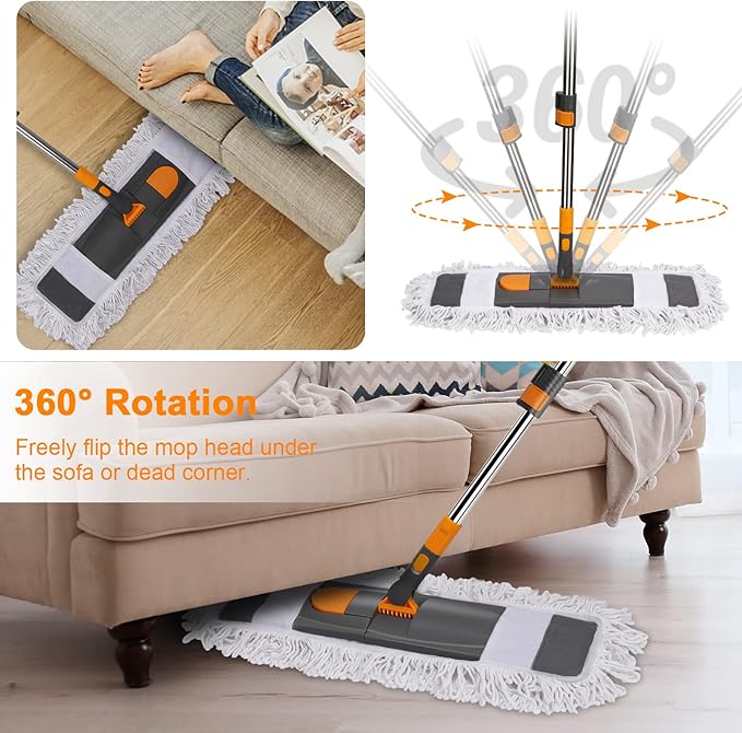 MASTERTOP Dust Mop for Floor Cleaning, Microfiber Floor Mop with 2 Washable Pads, Height Adjustable Long Handle, 24.6'' Dry and Wet Flat Mop for Hardwood, Laminate, Tile, Marble