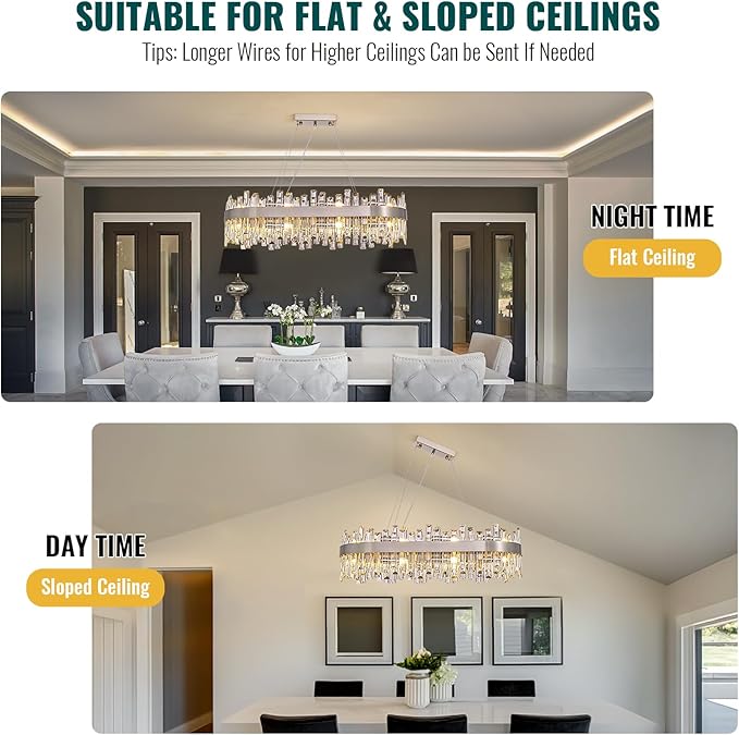 Siljoy Rectangular Crystal Chandelier for Dining Room, 16 Lights Modern Chrome 2-Tiers K9 Crystal Raindrop Chandelier Oval Dimmable Pendant Ceiling Light for Kitchen Island Bar L35.4 Inch