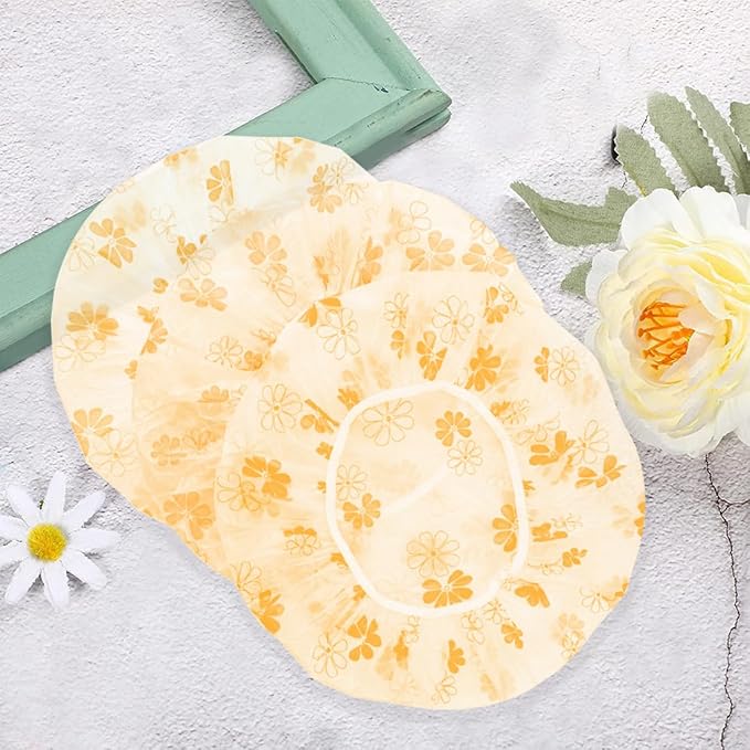 18Pcs Plastic Shower Caps for Women Waterproof Bath Caps Bathing Hair Cap Reusable Shower Caps for Shower,Spa,Salon,Housework,Girls,Home,Travel (Yellow-Flower)