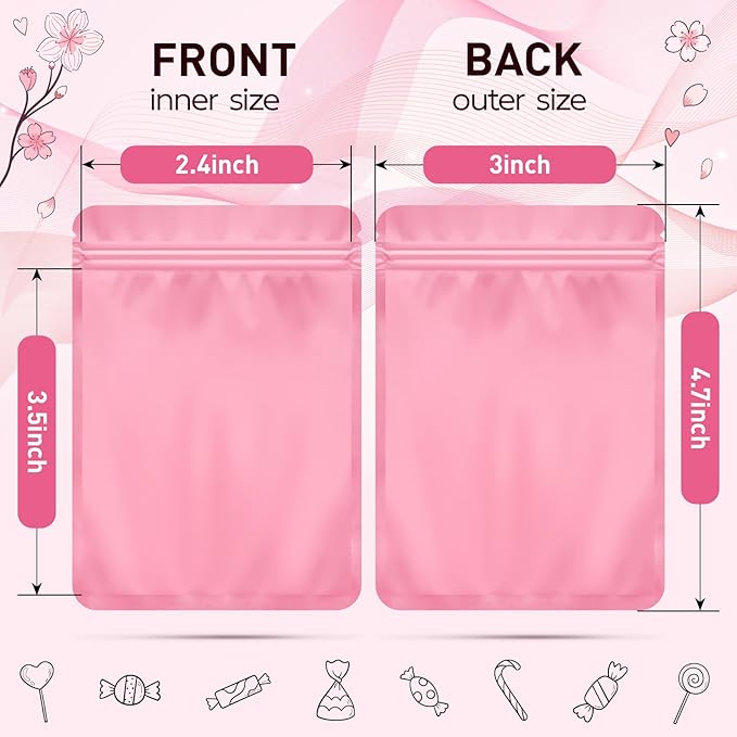 Funfery 100 Pack Pink Mylar Packaging Bags Resealable Bags Double Sided Color Odor Proof Pouch Baggies Smell Proof Foil Bag for Food Storage,Small Business(Pink,3x4inch)