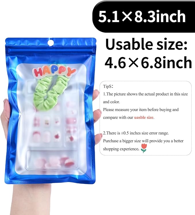 100 Pack Resealable Plastic Bags for Food Storage, Zipper Bags with Clear Front Window, Packaging Pouch for Small Business (Blue, 5.1x8.3 inch)