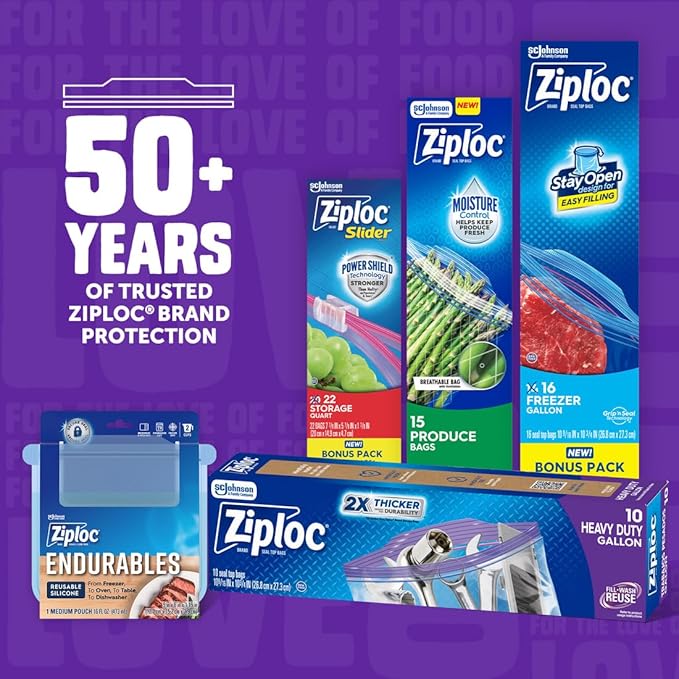 Ziploc Heavy Duty Gallon Food Storage Bags, Seal Top Closure, 10 Count