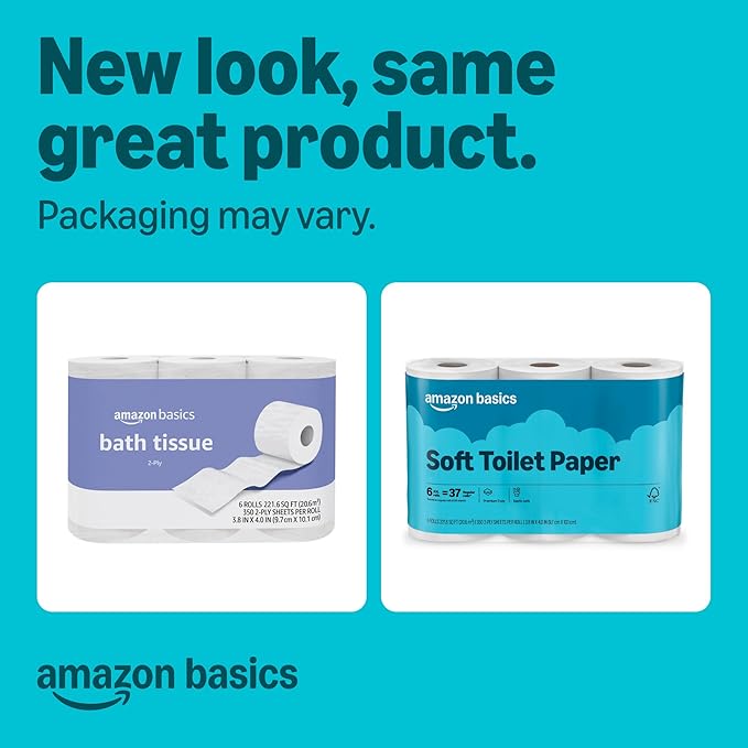 Amazon Basics 2-Ply Soft Toilet Paper, 18 Rolls (3 Packs of 6), Equivalent to 111 Regular Rolls, Packaging May Vary
