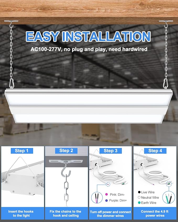 ADUB 300W Linear LED High Bay Shop Light, 1.89FT UL DLC Listed LED Warehouse Lighting Dimmable 0-10V 45,000LM Hanging Light Fixture Large Area Illumination, 5000K Commercial Bay Lights for Garage Barn
