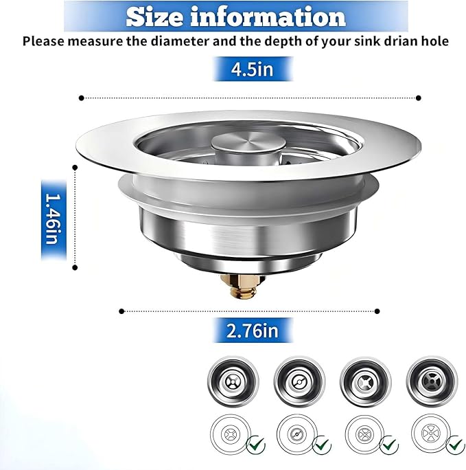 1Count 3-in-1 Kitchen Sink Drain Strainer & Stopper - SUS 304 Stainless Steel Pop Up Plug with Anti-Clog Basket & Odor Prevention, Fits US Standard 3-1/2'' Drain Hole