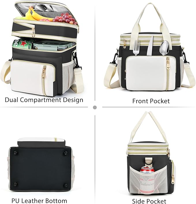 LOKASS Expandable Lunch Box for Women Men | Adult Lunchbag Cooler Tote Bag with Adjustable Shoulder Strap | Insulated Reusable Womens Lunch Bags for Work Camping Beach | 16L, Black-Polyester