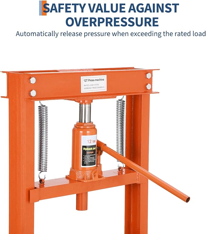 Hydraulic Press 12 Ton Hydraulic Shop Press H-Frame Garage Floor Adjustable Shop Press with 2 Plates Adjustable Working Table Height, Orange