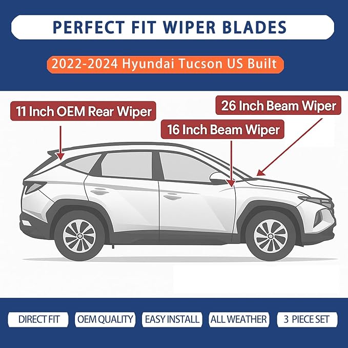 Windshield Wiper Blades for 2022 2023 2024 Hyundai Tucson (US Built 26'' 16'' 11'') - Complete Set Front & Rear Premium All-Season Wipers