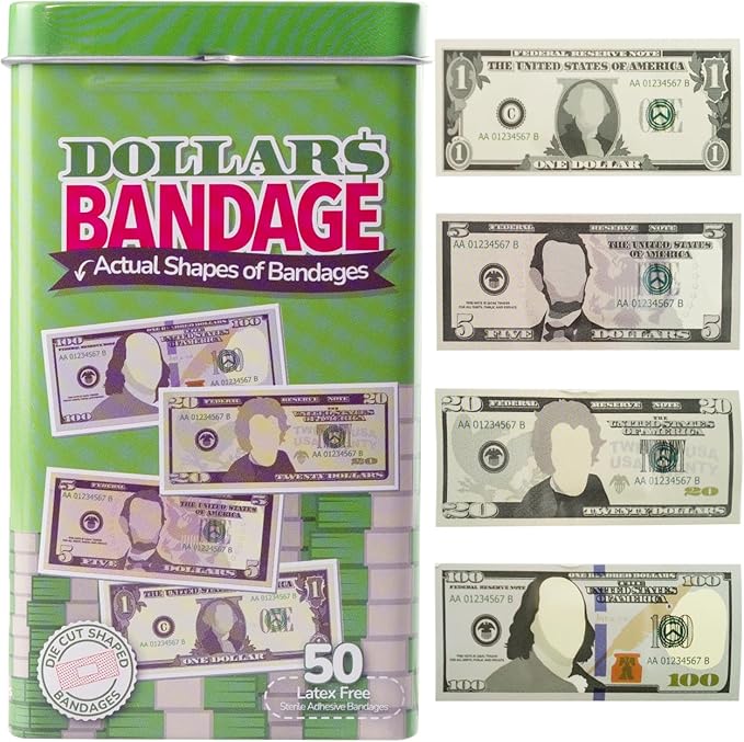 BioSwiss Kids Bandages, Money Shaped Self Adhesive Bandage Set, Latex Free, Sterile Wound Care, 50 Count