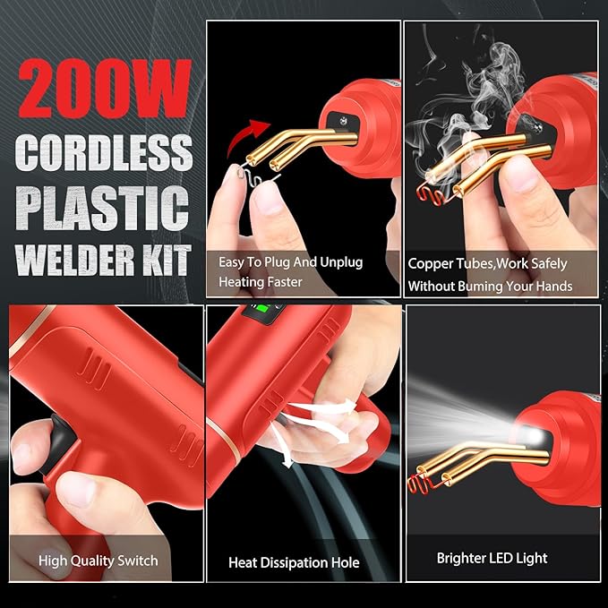 200W Cordless Plastic Welder, Plastic Welding Kit with 1200PCS Hot Stapler, USB Rechargeable Plastic Welder Gun with 5000mAh Battery, Plastic Weld Bumper Repair Kit for Most Plastic Repair