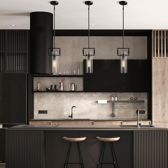 Modern Black Kitchen Island Pendant Lights Set of 2, 12 Inch 1-Light Adjustable Pendant Light with Glass Shade & Brass Finish, Hanging Light Fixture for Kitchen, Dining Room, Bathroom, Living Room