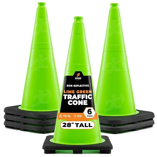 Xpose Safety 28” Lime Green Traffic Cone - 6 Pack - Premium PVC Safety Cone for Parking, Caution, Construction, Road Crews, Emergency Vehicle - DOT Approved