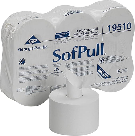 Georgia-Pacific SofPull 19510 Centerpull 2-Ply High Capacity Toilet Paper, 1000 Sheets Per Roll, 6 Rolls Per Case, White
