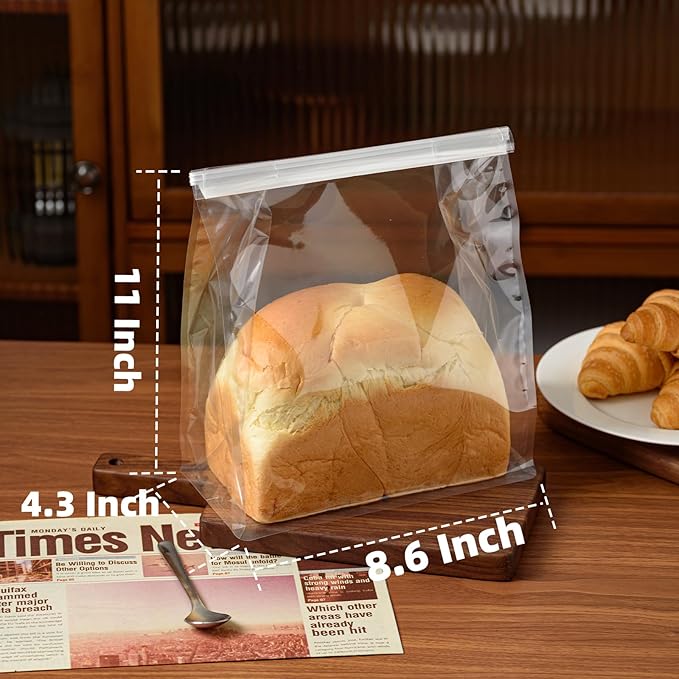 50 Pcs Bread Bags for Homemade Breads, 8.6 Inch Clear Bakery Bags with Tin Tie, Large Loaf Plastic Bag, Storage PackingBag for Foods