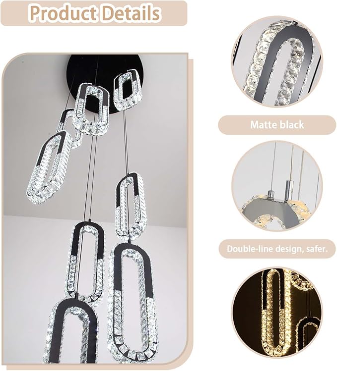 8 Rings Crystal Chandelier,H 118" Modern Black Pendant Light Luxury Foyer Lighting Fixture High Ceiling Chandelier for Entryway,Staircase,Living Room,Villa LED Dimmable 2700K-6000K