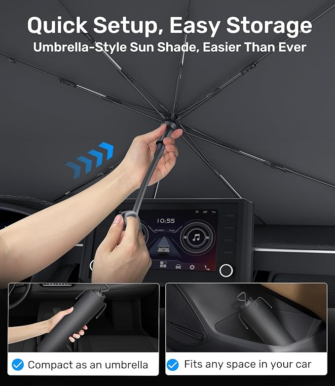 Zanch 2025 Upgraded Car Windshield Sun Shade [Cool Down by 75℉ ] with Heat Insulation Coating, Foldable Sunshade Umbrella with Flexible Handle & Ribs, Small (29''x53'') for Compact Cars, SUVs