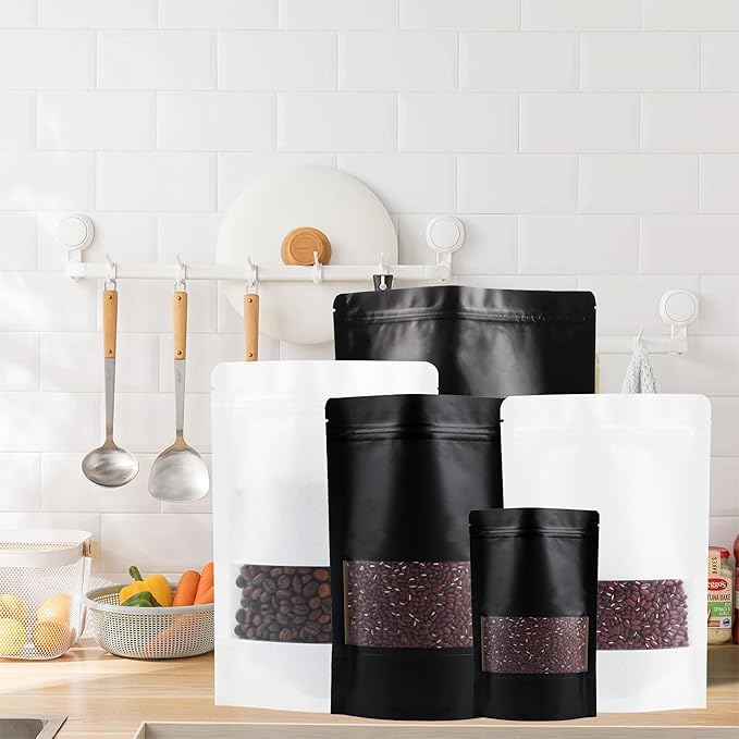 100 Pack Bags, Resealable Bags with Clear Window, Stand-up Bags for Sealing Storage, Scratch Resistant Hand Storage Bags. (White, 5.51×8.86 Inch)