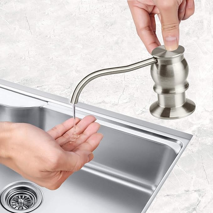 Samodra Kitchen Sink Soap/Lotion Dispenser, Brass Pump Head Brushed Nickel 12 OZ Bottle Built in Design Refill from The Top for Granite Thick Deck Installs