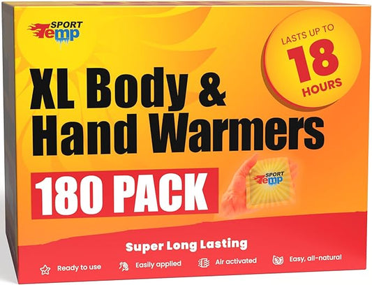 Large Hand & Body Warmers - Up to 18 Hours of Heat, Super Long Lasting - Easy, All Natural - Air Activated, for Body, Hands & Toes - Odorless Hot Hand Warmer - Sport Temp