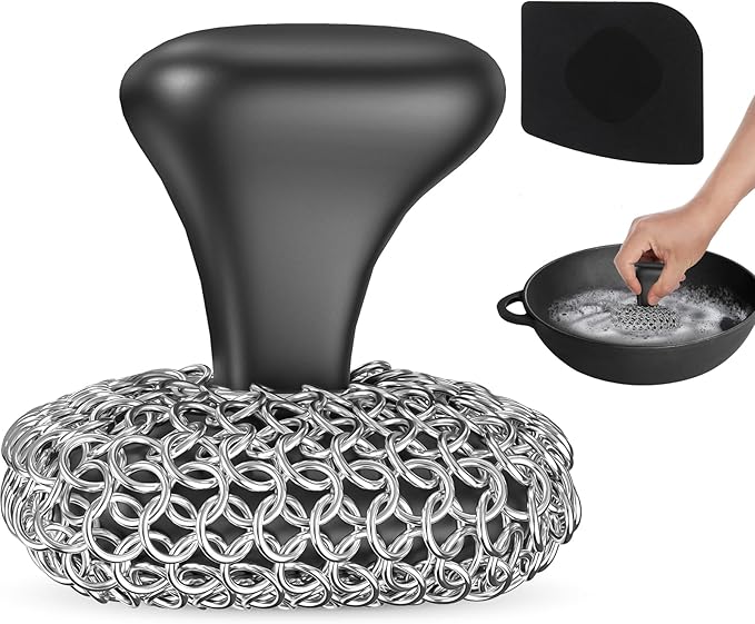 Cast Iron Scrubber | Dish Scrub Brush | 316 Cast Iron Cleaner Chainmail Scrubber for Pan Skillet Cleaner - Dish Scouring Pad Dishwasher Safe Cleaning Kit, Black 03