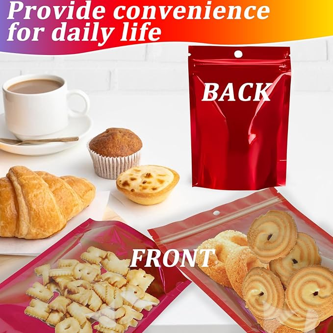 100PCS Mylar Bags for Food Storage Resealable Bags for Small Business with Clear Windonw,4.7x7.9 inch Smell Proof Bags Stand Up Zip Lock Pouches Aluminum Foil Sealable Bag for Packaging Cookie,Snack