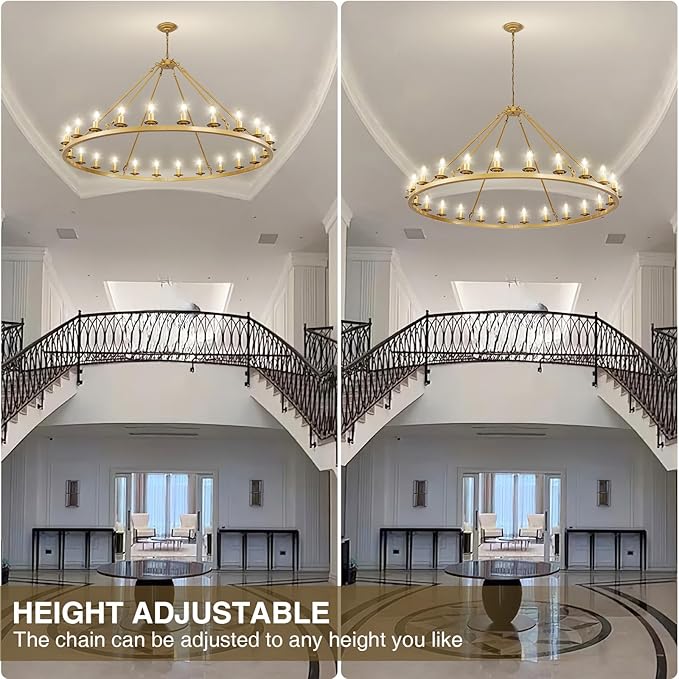 Wagon Wheel Chandeliers, 24-Light Gold Modern Rustic Large Farmhouse Chandelier Adjustable Height Light for High Ceiling Living Room, Entryways, Foyer, Dining Room, Kitchen