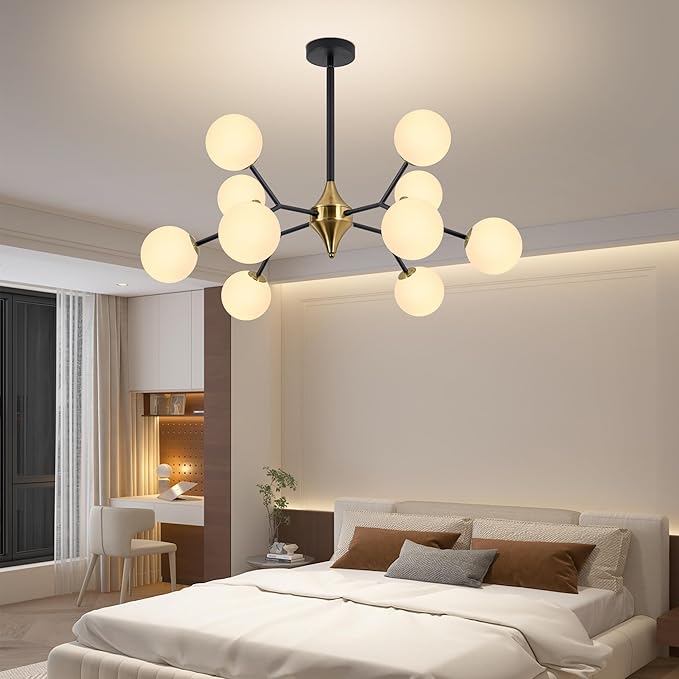 COCOSTAR Dining Room Chandelier, 10 Lights Modern Ceiling Light Fixture, Sputnik Chandelier, Chandeliers Over Table, Milk Globe, Black and Gold, G9 Base