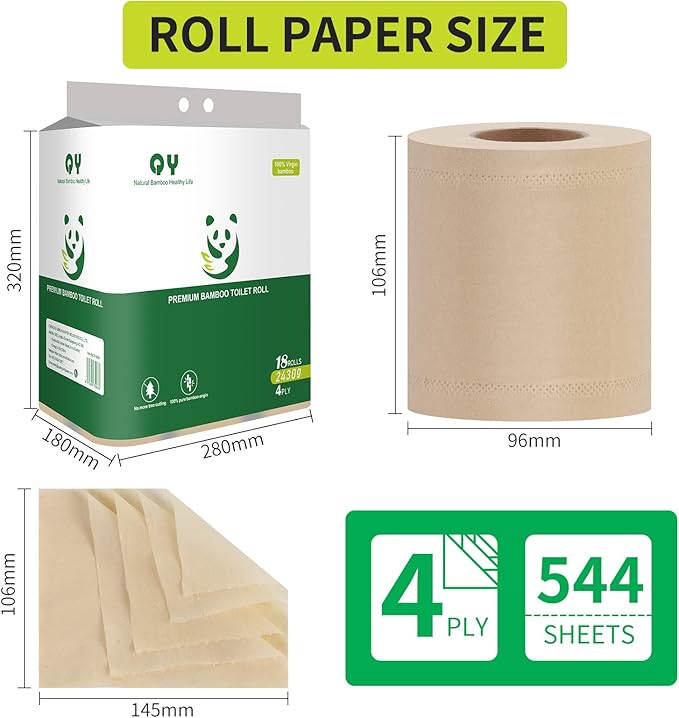 Bamboo Toilet Paper, 4-Ply, 18 Rolls, 200 Sheets Per Roll, Total 3600 Sheets, Unbleached, Sustainable and Tree Free, Soft, Strong, Earth-Friendly