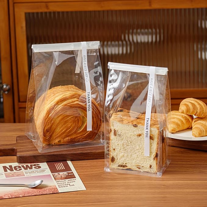 50 Pcs Bread Bags for Homemade Breads, 6.3 Inch Clear Bakery Bags with Tin Tie, Medium Loaf Plastic Bag, Storage PackingBag for Foods