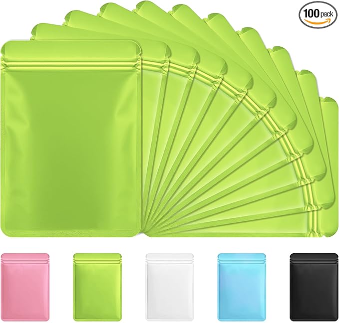 Funfery 100 Pack Green Mylar Packaging Bags Resealable Bags Double Sided Color Odor Proof Pouch Baggies Smell Proof Foil Bag for Food Storage,Small Business(Green,4x6inch)