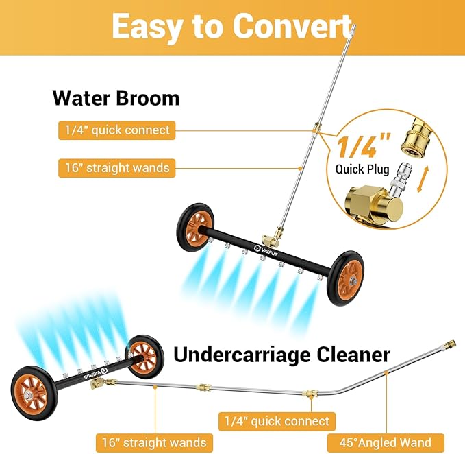 VIGRUE 2-in-1 undercarriage Pressure Washer Attachment,24 Inch Pressure Washer Water Broom with 7 Nozzles,Under Car Washer Cleaner with 3 Pieces Extension Wand,4000 PSI,Orange