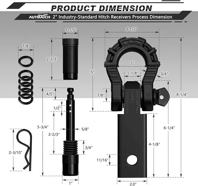 AUTMATCH Shackle Hitch Receiver 2" with 3/4" Mega D Ring Shackle and 5/8" Trailer Hitch Lock Pin, 68,000 Lbs Break Strength Heavy Duty Receiver Towing Kit for Off-Road Vehicle Recovery, Matte Black