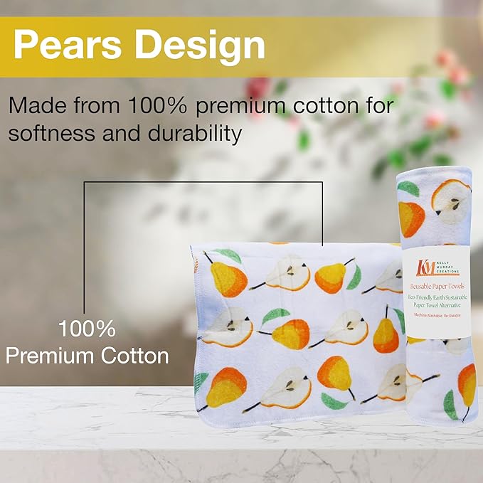 Pack of 10 Reusable Paper Towels | 10x10 Inch Cotton Towels | Kitchen Utensils Print | Eco Friendly, Washable, Quick Drying | Sustainable Cleaning Cloths | Pears