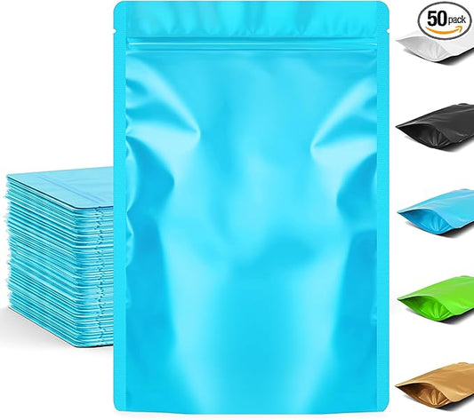 FUNFERY 4x6 inch Stand Up Mylar Resealable Bags for Food Storage,Smell Proof Foil Pouch,Food Packaging Sealable Bags,Mylar Zipper Bag for Jerky,Candy,Cereal,Coffee, Cards,Blue,50 Pack
