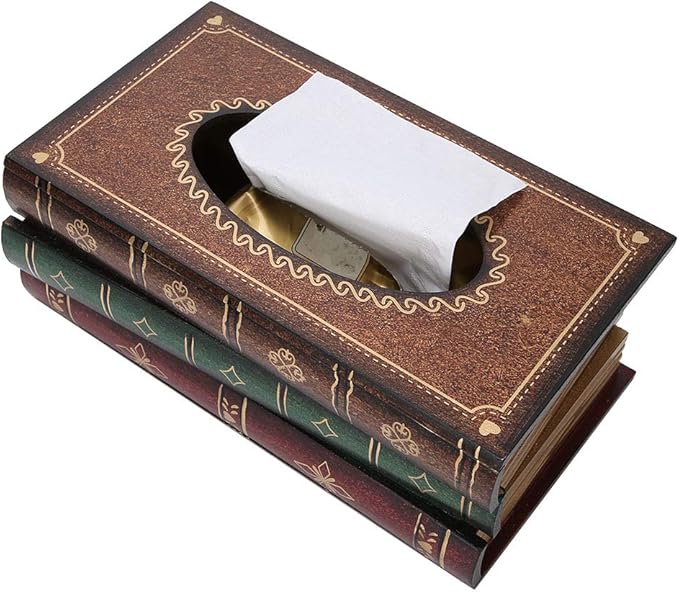 Book Shaped Tissue Box, Wooden Tissue Box with Hand Painted Antique, Large Capacity Napkin Holder for Home Car Decor, Storage Box for Small Items