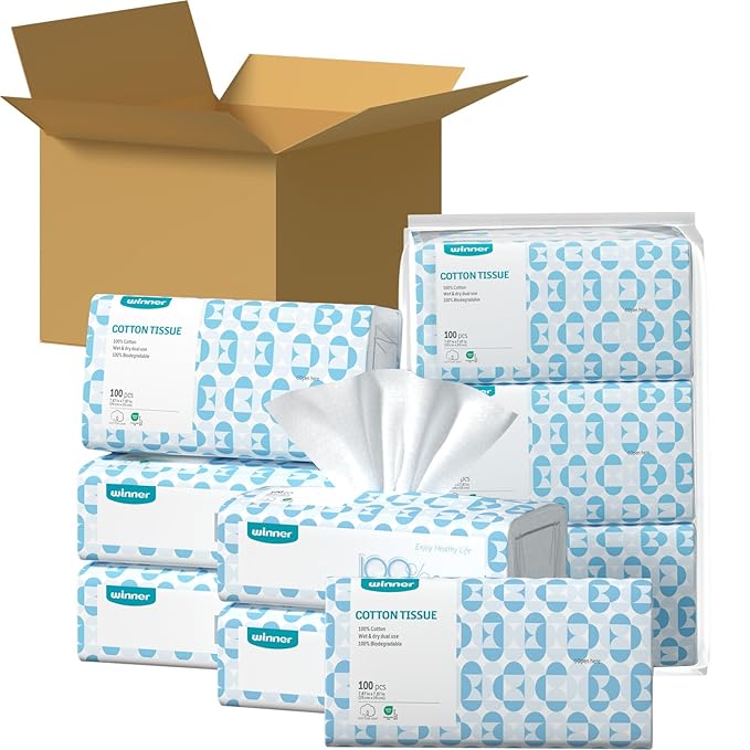 Winner Soft Face Towels, 100% USDA Biobased Facial Towels, 2 Packs per Case, 6 Bags per Pack, 100 Ct Face Towelettes per Bag (1200 Total)